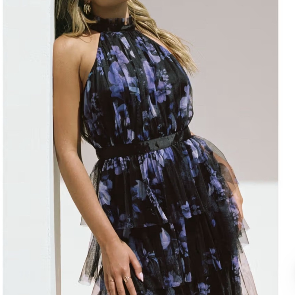 Lipsy Black and Purple Strapless Floral Dress
